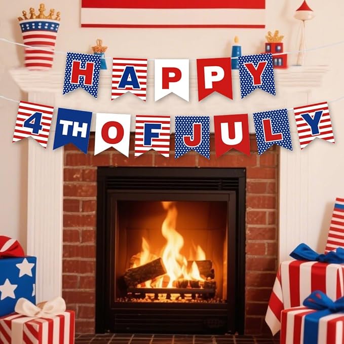 Happy 4th of July Banner for Independence Day Party Decor Red White and Blue Fourth of July Patriotic Party Celebrations Supplies for Memorial Day Durable Polyester Yard Decoration Banner