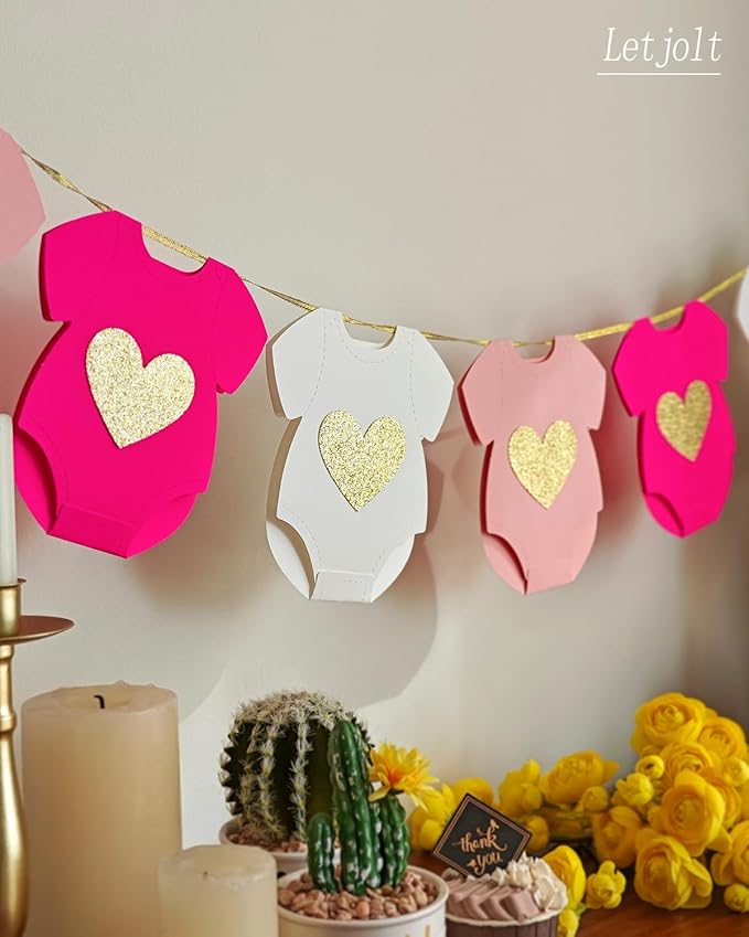 Pink Baby Shower Paper Garland Short-Sleeve Bodysuits Clothesline Garland Gender Reveal Birthday Banner Baby Outfit Pre - Strung Paper Decorations 9 pcs