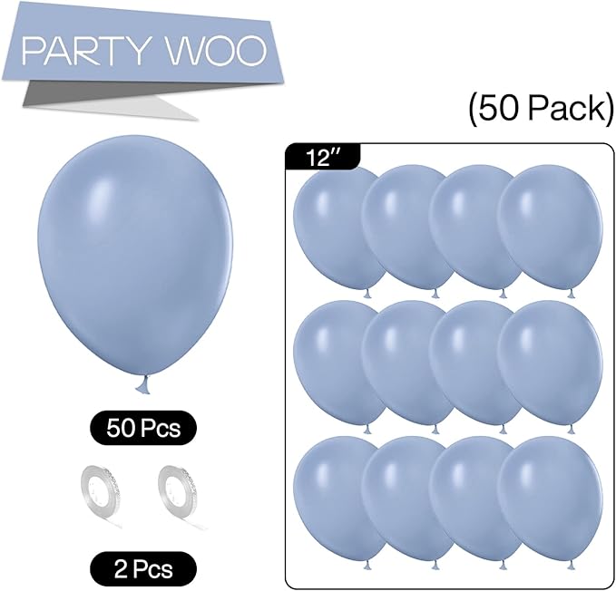 PartyWoo Dusty Blue Balloons 50pcs 12 Inch Boho Dusty Purple Muted Lavender Latex Helium Balloons for Boy Baby Shower Anniversary Bachelorette Graduation Engagement Birthday Party Decorations Blue-F16