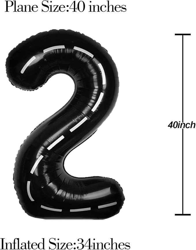 Race Car 40Inch Black 2 Balloon Number Large Helium Race Track 0-9 Giant Digital 2nd Foil Mylar Big Party Number Balloons for Boy Birthday Car Theme Party Anniversary Graduation Decorations
