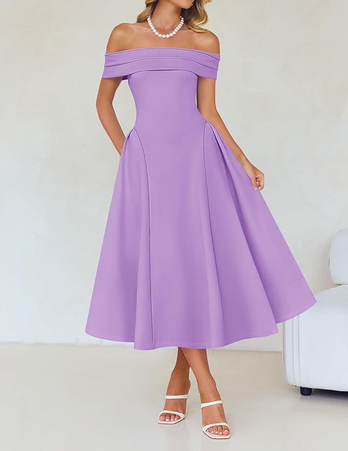 ZESICA Summer 2026 Cocktail Dresses for Women's Off Shoulder Short Sleeve Swing A Line Wedding Evening Party Midi Dress