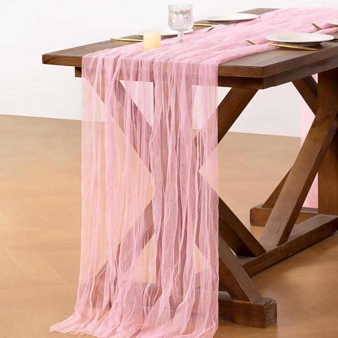 Socomi Pink Cheesecloth Table Runner Tulle Gauze Cheese clothBoho Rustic 120 inch 10FT Runner for Wedding Party Baby Shower Birthday Holiday Decorations 1pc