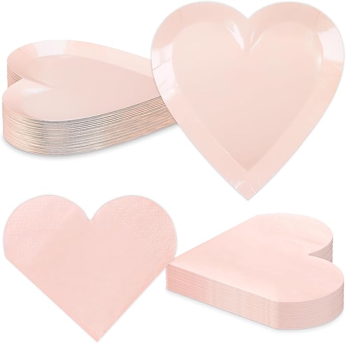 Valentine's Day Party Supplies, Heart Shaped Disposable 9" Paper Plates and 3 Ply Napkins for Best Mom Gift, Valentine's Day Engagements Wedding Anniversaries Bridal Showers Birthday, 50 Count / Blush
