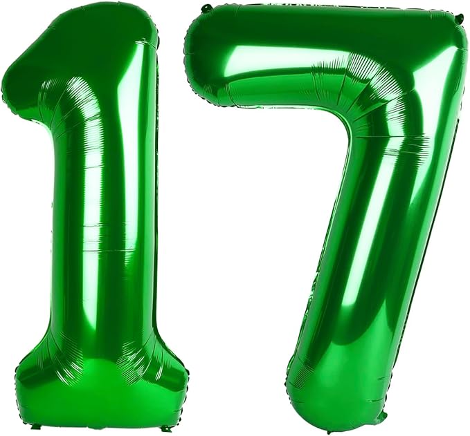 Green Number 17 Birthday Balloon 40 Inch, Digital Balloons for 17 Party Celebration Decorations Supplies, Mylar Foil Numbers Balloon for 17 Wedding Anniversary