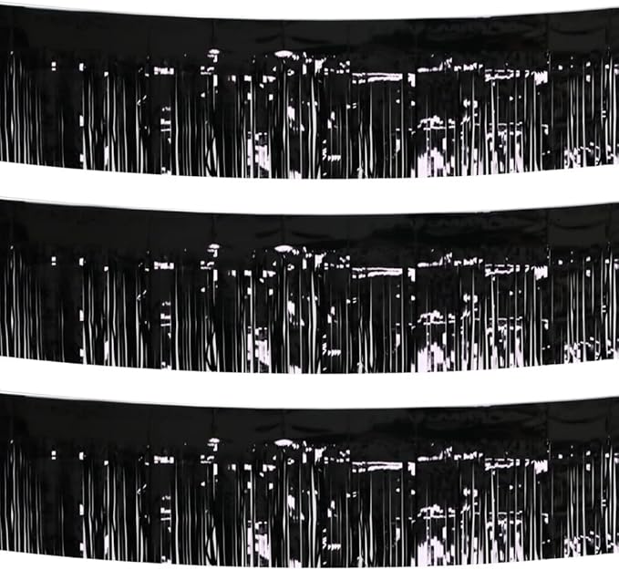 3 Pack Total 30 Feet Foil Fringe Garland Metallic Wall Hanging Drapes Tassel Skirting Tinsel Streamers Decorations for Parade Float Trailer Mardi Gras Party Birthday Wedding (Black)
