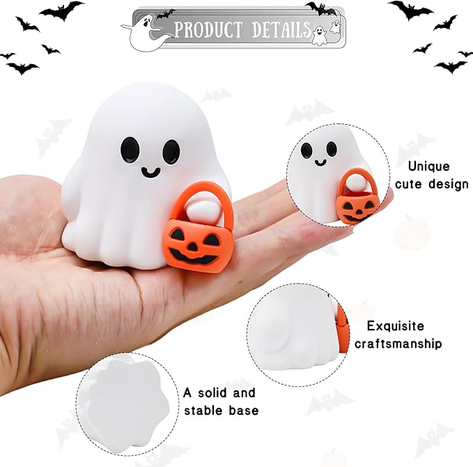 Halloween Ghost Figurine Cartoon Cute Spooky Carrying Pumpkin Basket Cute Halloween Office Desk Decor Display Ornament Tiny Trick or Treat Ghost Resin Statue for Home Supplies