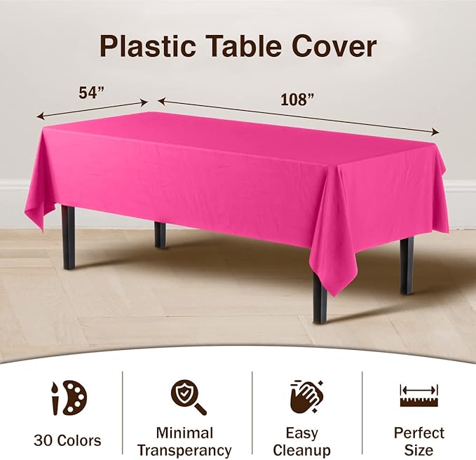 Exquisite Party Solids 6-Pack Premium Plastic Tablecloth 54in. x 108in. Rectangle Plastic Table Cover - Cerise
