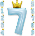 AULE 40 Inch Big Light Blue 7 Balloon Number with Crown Large Foil Helium Number Balloons 0-9 Jumbo Giant Happy 7th Birthday Party Decorations Huge Mylar Anniversary Party Supplies
