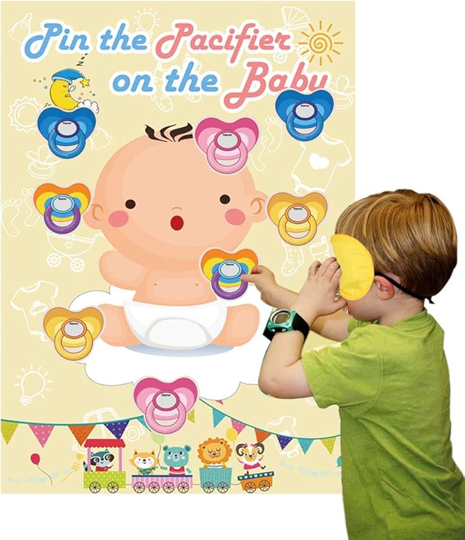 Hxezoc Pin The Pacifier On The Baby Game - Large Poster for Baby Shower Party, Kids Birthday Party Supplies - 72 Pacifier Stickers