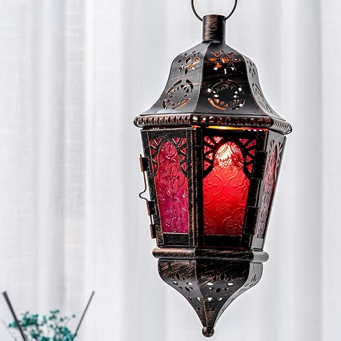 DECORKEY Moroccan Decorations, Lantern Decorative Indoor & Outdoor, 13.6’’ Vintage Decorative Hanging Lantern with Chian for Home Porch Patio Decor, Metal Ramadan Christmas Candle Holders(Plum Red)