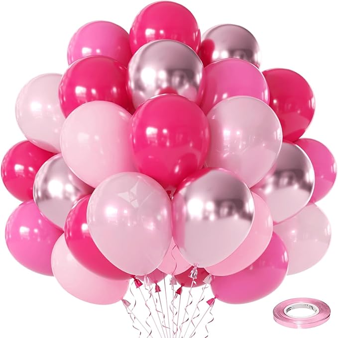 Pink Balloons Metallic Hot Pink Balloon,60Pcs 12Inch Chrome Light Pearl Pink Balloons for Princess Girl Birthday Gender Reveal Bridal Shower Valentine's Day Party Decorations