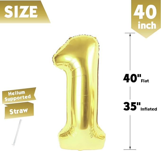 40 Inch Champagne Gold Number 1 Balloon, Giant Number 1 Balloons for 11th 12th 21st Birthday Decorations, Party Supplies for Baby Boy Girl, Champagne Gold Party Decor