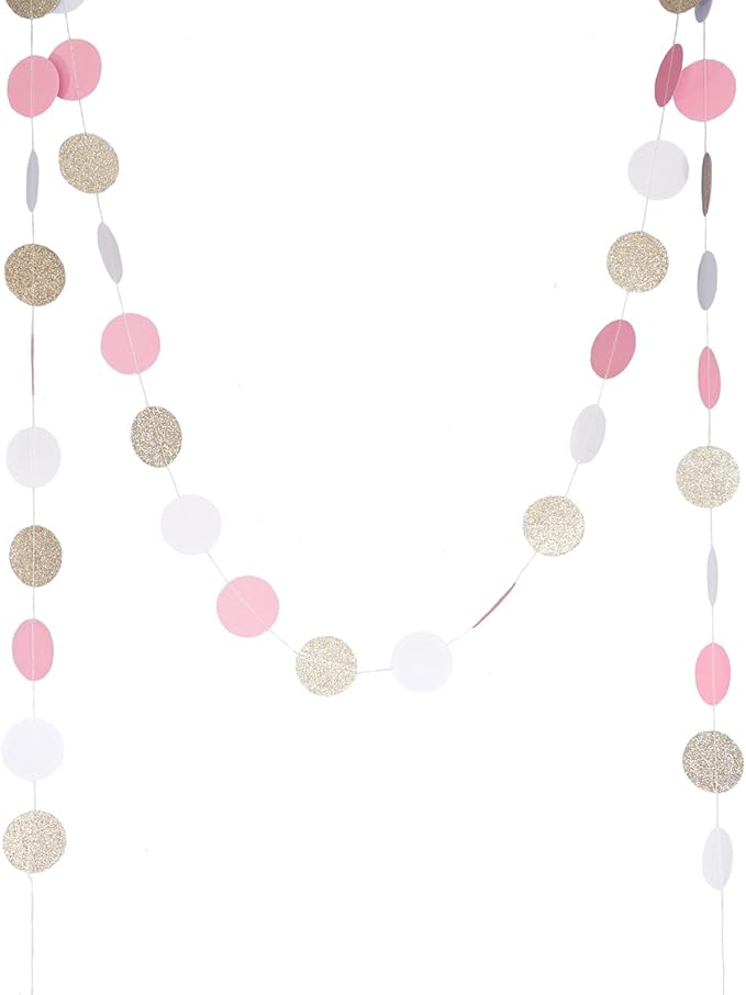 Chloe Elizabeth Circle Dots Paper Party Garland Streamer Backdrop (4-Pack, 10 Feet Per Garland, 40 Feet Total) - Pink, White, Gold Glitter