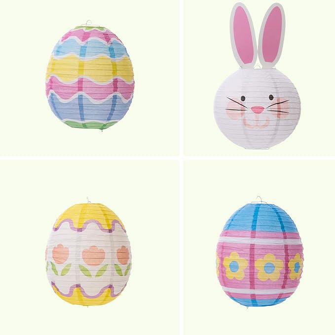 UNIQOOO 9PCS Easter Party Decorations Supplies Eggs Bunny Paper Lanterns Set For Kids, Reuseable 10’’ Pastel Color Hanging Lantern Decor for Home Outdoor Yard Tree Religious Easter Hunt Party Favors
