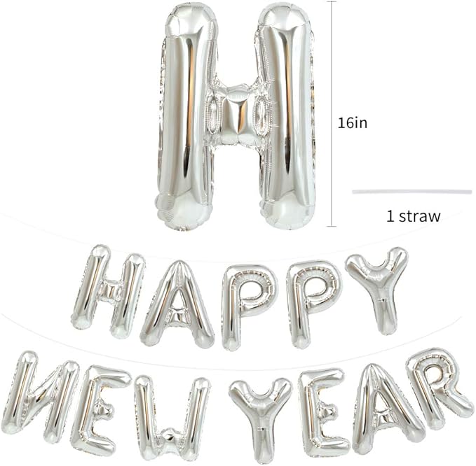 TONIFUL Silver Happy New Year Balloons 16 Inches Mylar Foil Letter Sign Banner balloon For 2025 New Years Eve Party Anniversary Decor Home Party Decorations