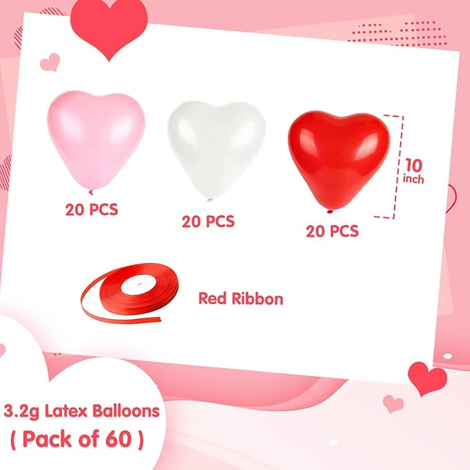 60 Pcs Love Heart Balloons 10-inch Red Pink White Latex Heart Balloons for Valentines Day Wedding Anniversary Engagement Birthday Garden Company Celebration Graduation Prom Party Romantic Decor