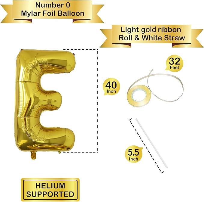 Letter Balloons Gold Party Balloon - 40 Inch Large Gold Letter E Balloon, Letter Balloon Birthday Decorations, Balloon for Women Men Anniversary Party Decorations Supplies
