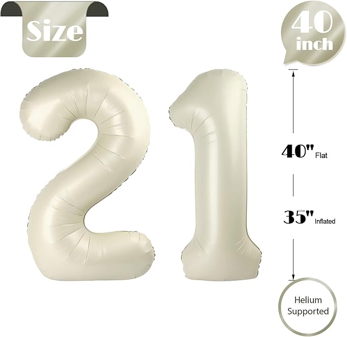 21 Balloon Number, Cream Number 21st Birthday Balloons 40 Inch, 21 or 12 Years Old Cream Birthday Decorations for Men Women Him Her, 21st Anniversary Decorations