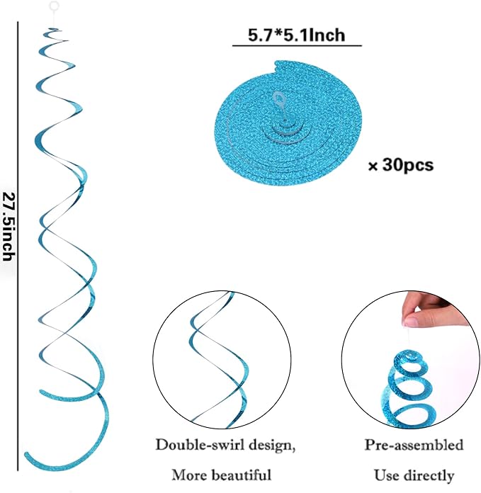 30 Pieces Iridescent Light Blue Hanging Swirl Decorations Plastic Streamers Foil Swirls Ceiling Decorations Birthday Bachelorette Party Engagement Bridal Shower Baby Shower Graduation Decor