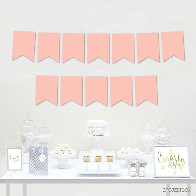 Andaz Press Hanging Pennant Banner with String, Peach, 1-Set, 24 Pennants, Approx. 12-Feet Long