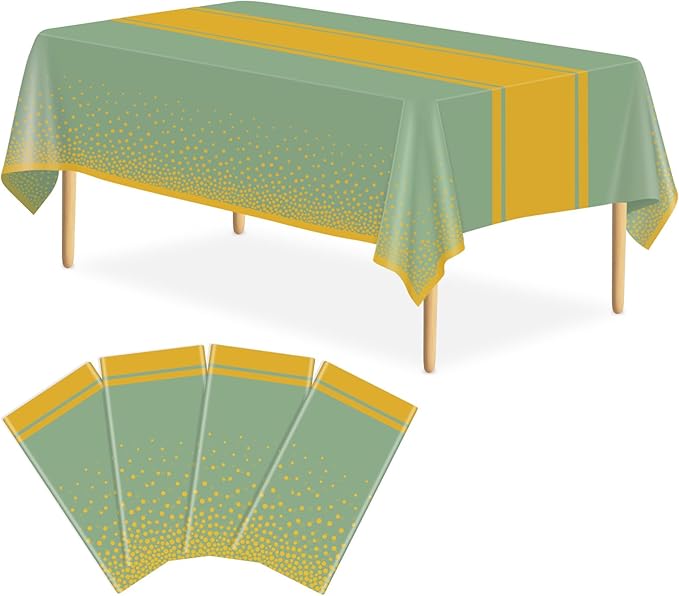 4 Pack Sage Green and Gold Tablecloth Party Decorations Plastic Sage Green Tablecloth Printed Gold Table Runner 54 x108 Inch Disposable Rectangle Table Cover for Birthday Wedding Graduation