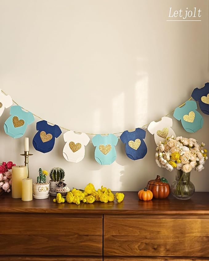 Blue Baby Shower Paper Garland Short-Sleeve Bodysuits Clothesline Garland Gender Reveal Birthday Banner Baby Outfit Pre - Strung Paper Decorations 9 pcs