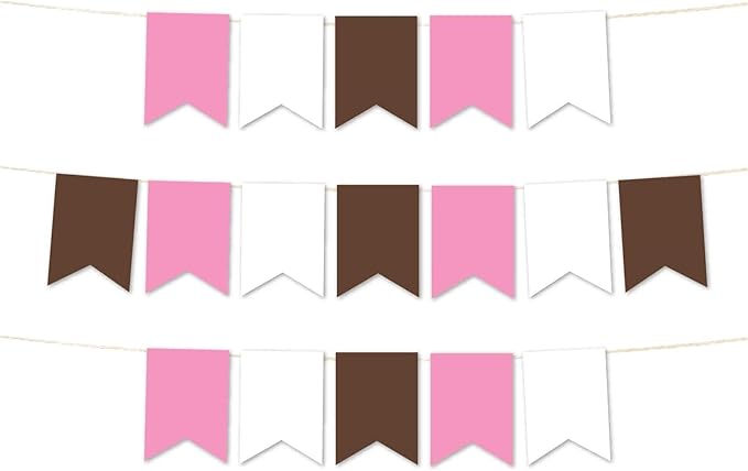 Andaz Press Hanging Pennant Banner with String, Pink, White, Brown, 1-Set, 24 Pennants, Approx. 12-Feet Long, Girl Monkey Baby Shower Theme Birthday Supplies