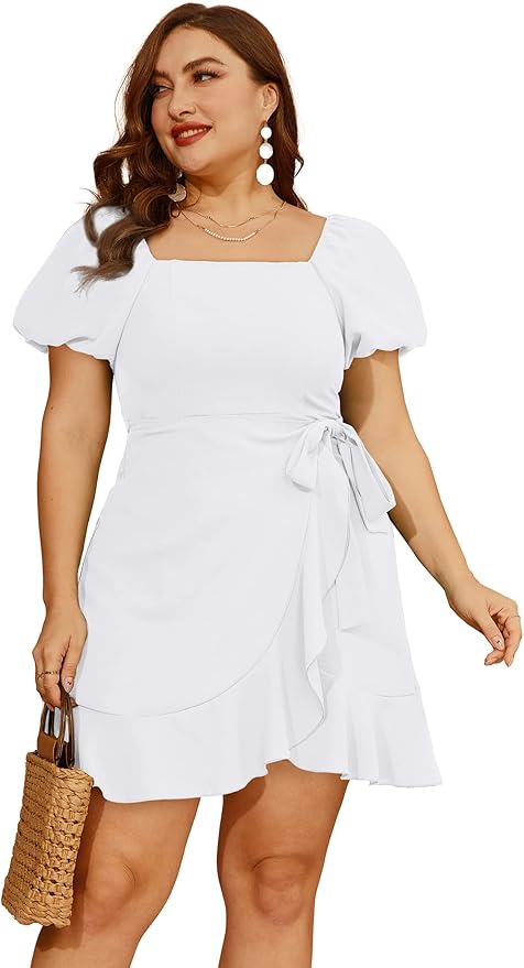 Sampeel Womens Summer Dresses Square Neck Puff Sleeve Tie Waist Short Dress