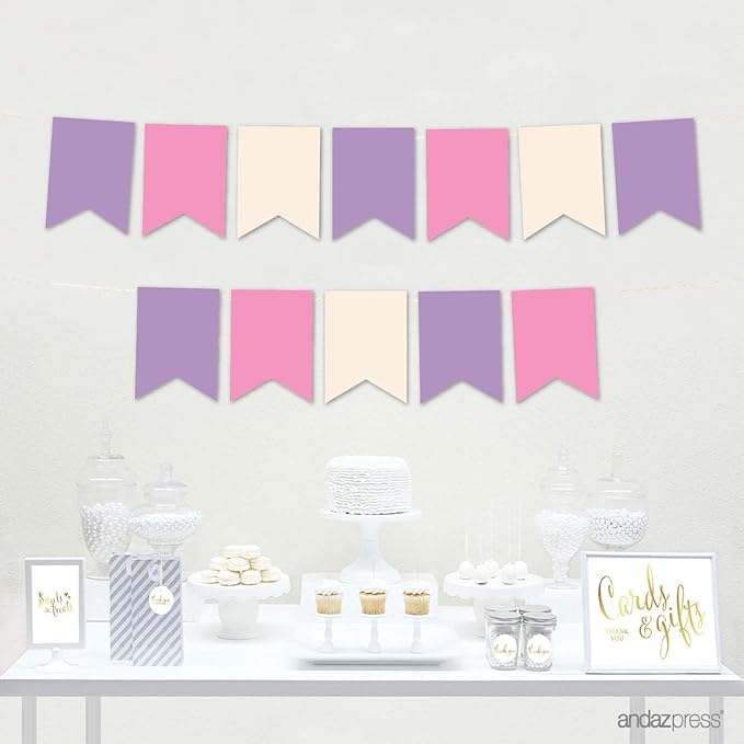Andaz Press Hanging Pennant Banner with String, Lavender, Ivory, Pink, 1-Set, 24 Pennants, Approx. 12-Feet Long, Unicorn