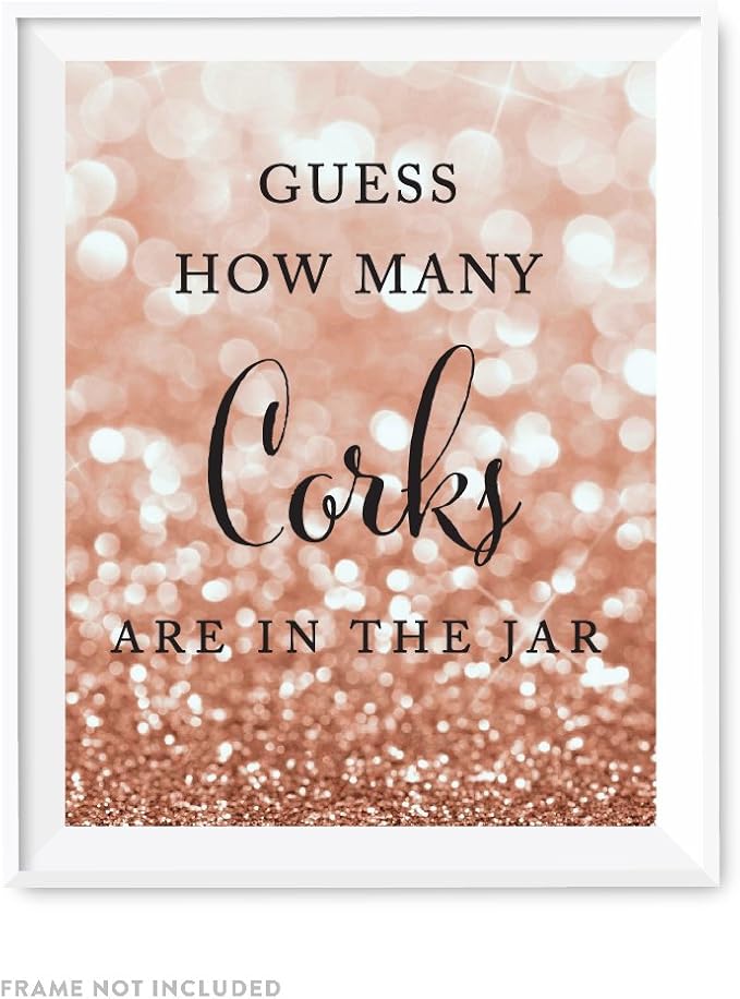 Andaz Press Wedding Party Signs, Glitzy Rose Gold Glitter, 8.5x11-inch, Guess How Many Corks Are in the Jar, 1-Pack, Bokeh Colored Party Supplies