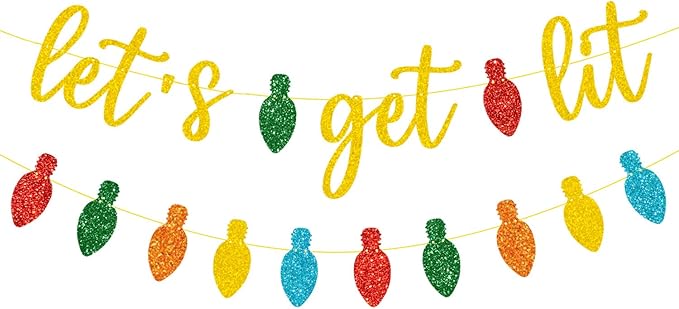 JOZON Gold Glittery Let's Get Lit Banner and and Colorful Glittery Christmas Lightbulb Themed Banner Christmas Garland Signs Christmas Holiday Party Supplies for Mantle Fireplace Wall