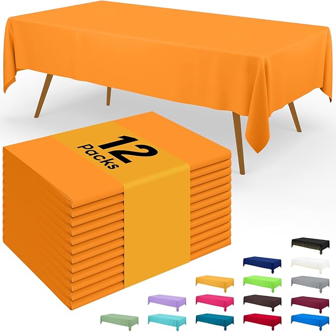 Smiry Disposable Table Cloth - 12 Pack, 54 x 108 Inch Waterproof Rectangle Tablecloths for Parties, Decorative Plastic Table Cover, Leakproof & Sturdy, Orange