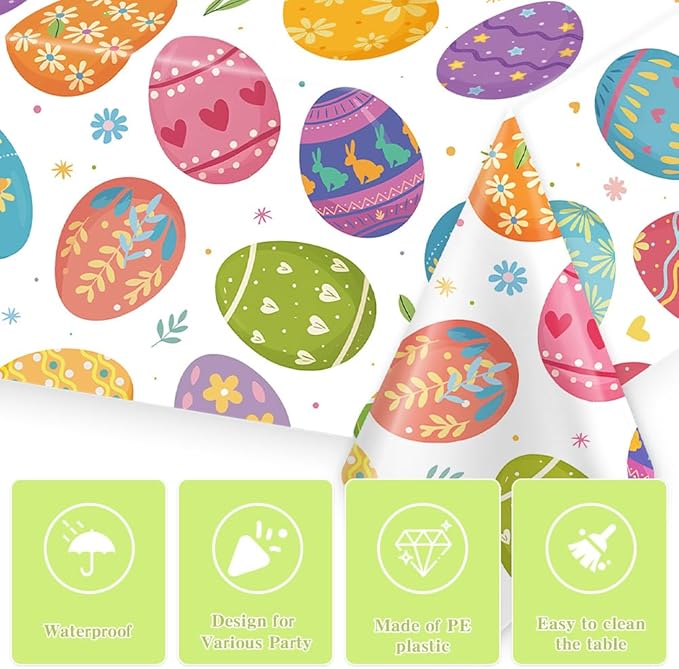2 PCS Easter Tablecloths(54x108 Inch) Disposable Plastic Easter Eggs Tablecloth Spring Table Cloth Cover Holiday Party Favors Supplies Decorations Home Dinner Kitchen Table Decor Backdrop Photo Props