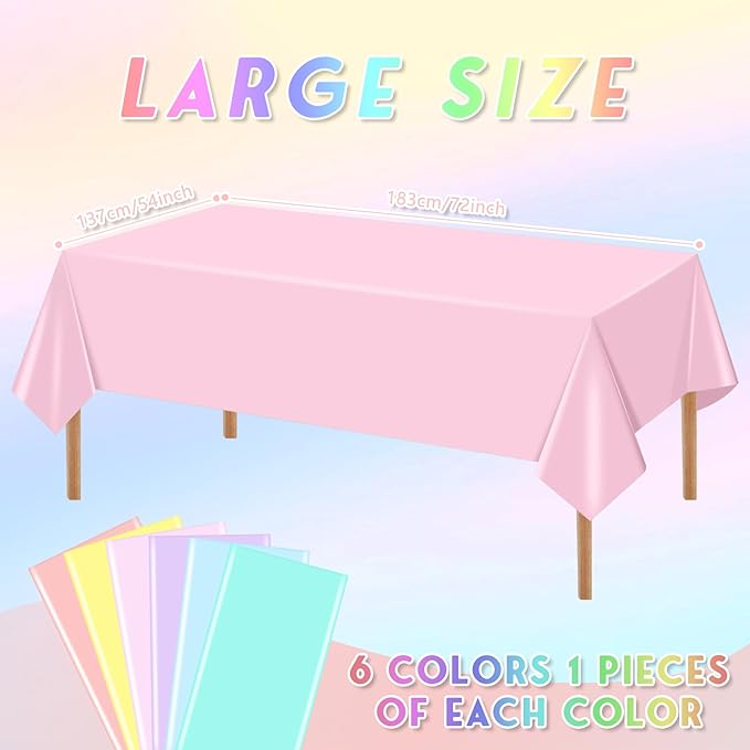 mwellewm 6 Pcs Easter Tablecloth Party Decorations Pastel Table Cloths Plastic 54x72 Inch Rainbow Tablecloth Disposable Rectangle Table Cover for Birthday Baby Shower Wedding Princess Ice Cream