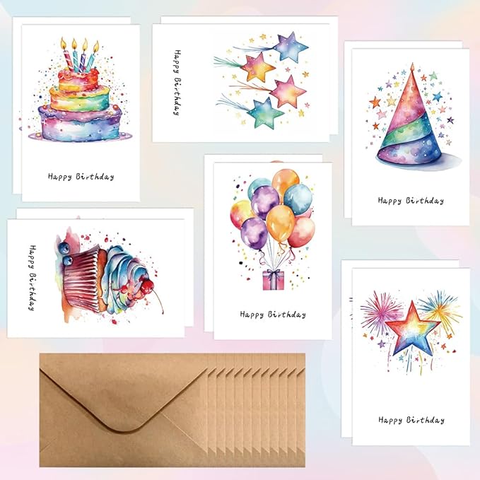Birthday Cards Pack of 12,Birthday Cards Bulk for Women Men Kids Assorted Birthday Greeting Cards for Kids Assortment, 12 Card with Envelopes (Cartoon cake)