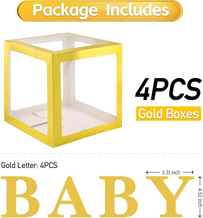 Baby Boxes with 4 PCS Letters for Baby Shower White Clear Balloon Box Blocks Gender Reveal Decorations and Birthday Party (Gold)