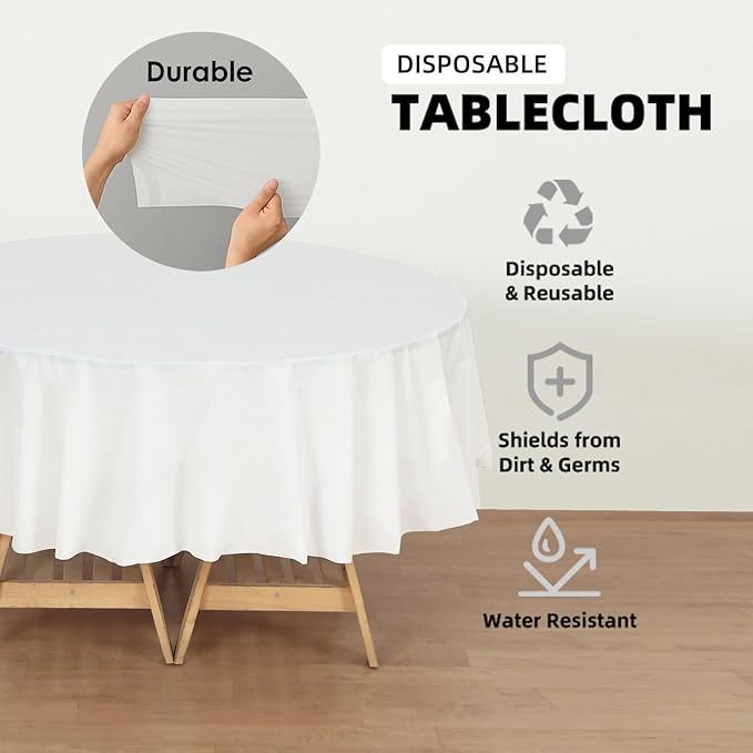 Craft And Party 12 Pack White Plastic Tablecloths, 84 Inch Round Disposable Table Covers, Heavy Duty & Waterproof for Parties, Events, Banquets, White
