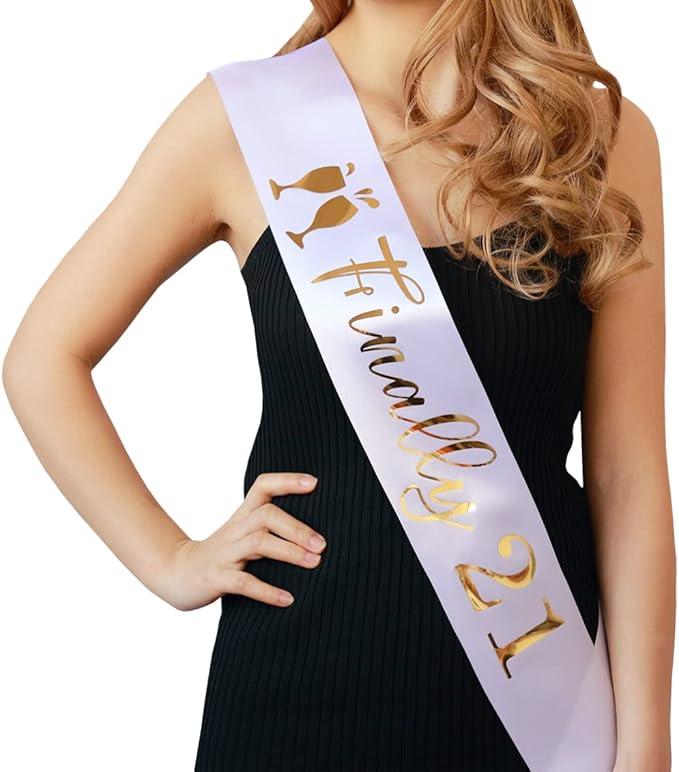 21st Birthday Sash for Girls and Women,Finally 21 Sash White with Gold Foil Lettering
