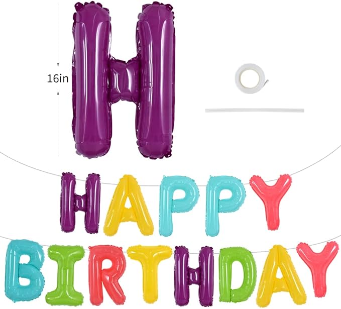TONIFUL Coloful Macaron Rainbow Happy Birthday Balloons Banner with Ribbon Straw, 16 Inch Mylar Foil Letters Birthday Sign Bunting Reusable for Girls Boys Kids & Adults Birthday