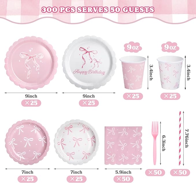 300 Pcs Pink Bow Plates, Cups, Napkins and Tableware Sets for Coquette Birthday Decorations, Party Supplies Include Straws, Pink Birthday Decorations Which Can Serve 50