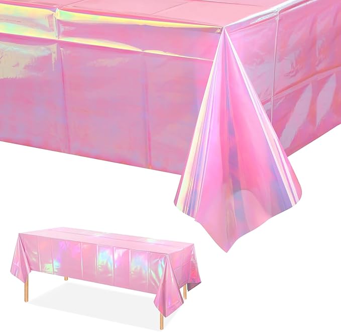 3-Pack Pink Iridescent Tablecloths, Holographic Glittering Foil Disposable Tablecloths, 54 inches x 108 inches, Suitable for Birthday, Wedding, and Holiday Party Decorations