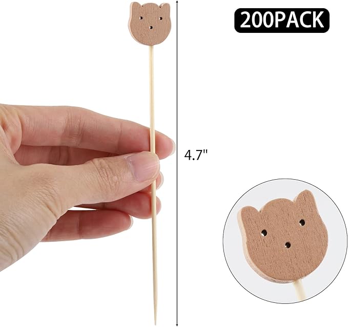 200 Pcs Bamboo Cocktail Picks 4.7 Inch Bear Face Cocktail Sticks Food Picks Garnish Sticks Decorative Toothpicks for Appetizers, Fruits, Dessert, Baby Shower, Birthday Wedding, Party Supplies