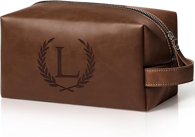 Personalized Graduation Gifts Waterproof PU Leather Toiletry Bag for Men Him, Unique Engraved Initials Mens Shaving Bag Travel Essentials College Graduates Graduation Presents Reddish Brown L