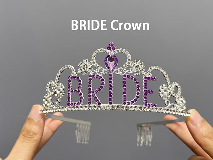 JETKONG 3 Pcs Bachelorette Party Decorations BRIDE Crown, Bride to Be Sash&Veil for Women Bachelorette Party Gifts, Bridal Shower Supplies, Gifts, Favors (Purple)
