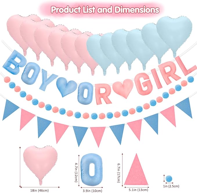 Gender Reveal Banner Set with Pre-Strung 3D Boy or Girl Felt Banner, Pom Pom Garland, Triangle Fabric Bunting, 12 PCS Pink Blue Heart Shaped Balloons, Baby Shower Decorations for Girls Boys Twins
