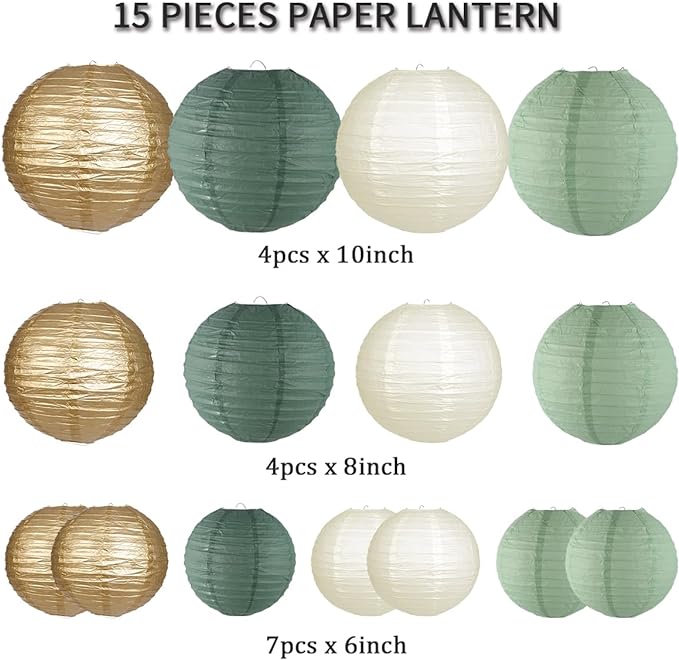 Paper Lanterns Decorative, Round Hanging Paper Lanterns Decorations for Rustic Party Bridal Shower Wedding Sage Green Birthday Party Supplies Gold/Ivory/Sage Green 15pcs