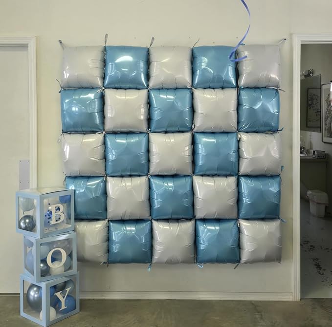 Blue White Square Foil Balloon Wall,25Pcs Double Sided Foil Balloons Backdrop Helium Polyester Tunnel Arch Garland Kit for Birthday Bridal Anniversary Baby Shower Party Decorations