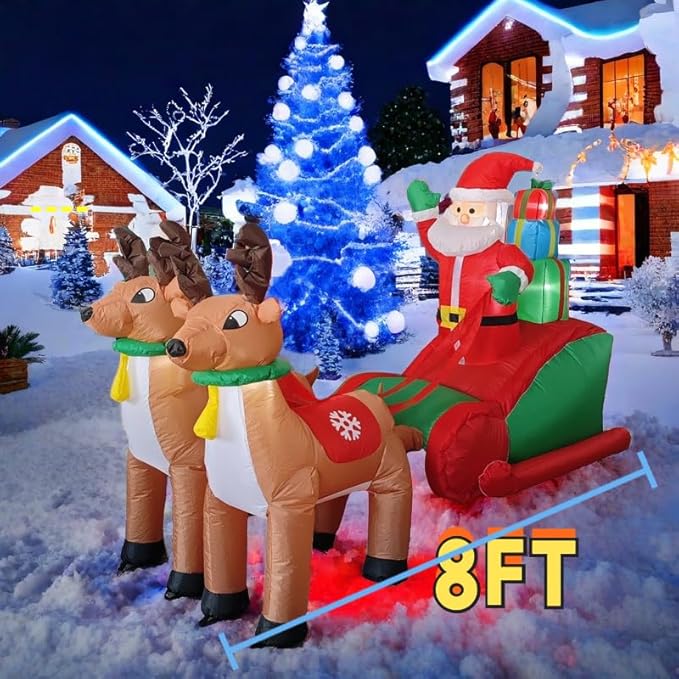 Christmas Inflatable Clearance, 8 FT Christmas Inflatable Outdoor Decoration Deer Pull car, Giant Santa Claus Driving Racing car in the Snow, for Garden Lawn Christmas Decoration