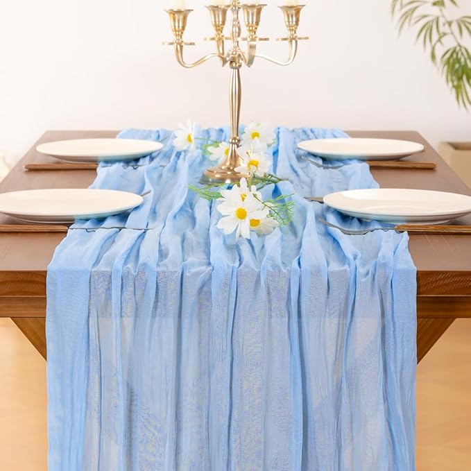 Socomi 6pcs Blue Easter Spring Cheesecloth Table Runner Boho Rustic Gauze 120 inch 10FT Cheese Cloth Runner for Wedding Party Baby Shower Birthday Home Decor Holiday Decorations