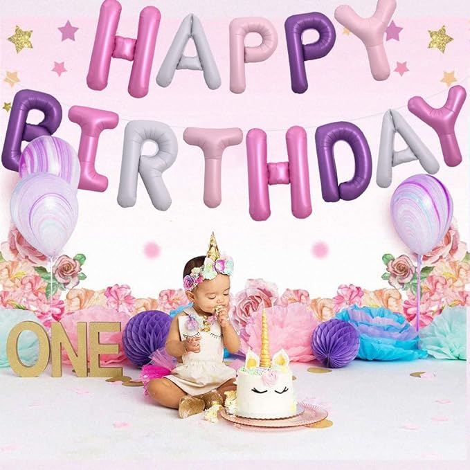 TONIFUL Happy Birthday Balloons Banner with Ribbon Straw, 16 Inch Mylar Foil Letters Birthday Sign Banner Balloon Bunting Reusable for Girls Boys Kids & Adults Birthday Supplies（Pink Purple）